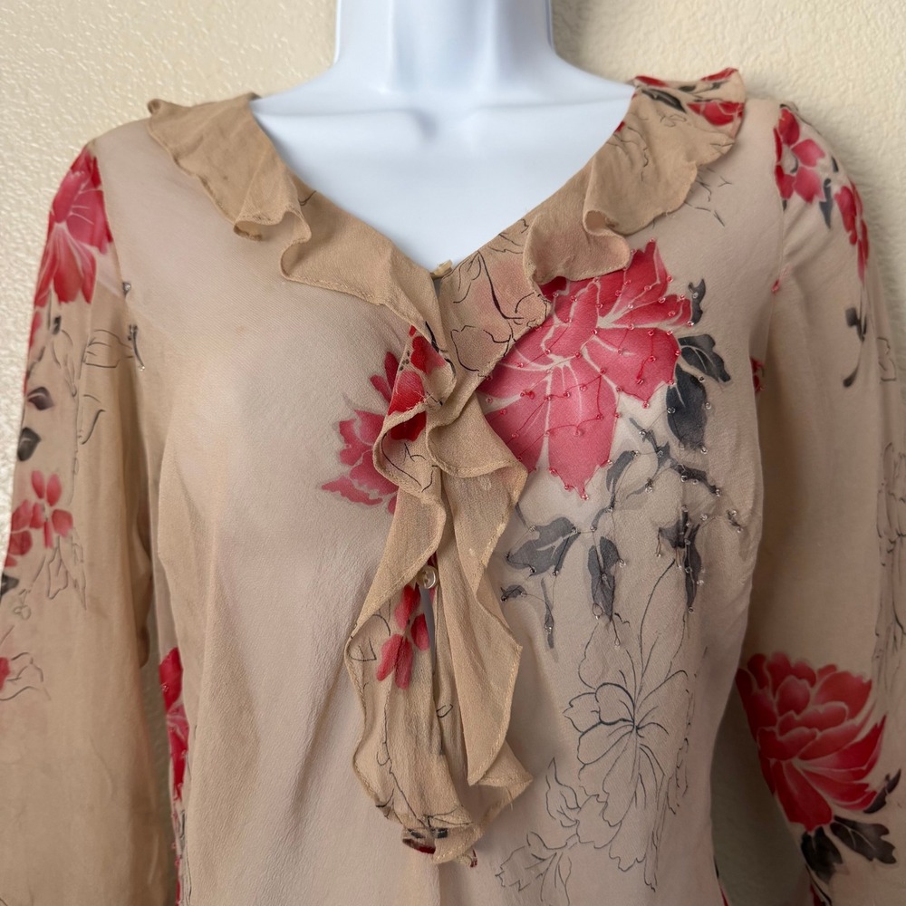 Y2K Euro Floral Beaded 100% Silk Ruffle Sheer Top Vision Apparel Tan Red Medium - Picture 4 of 11